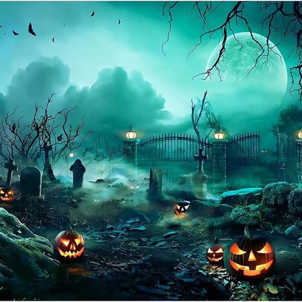 HUGE! Halloween Pumpkin Graveyard Scene Art Print - Teal & Orange